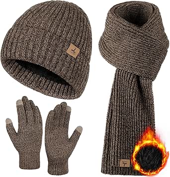 3 PCS Winter Hat Scarf Gloves Set, Soft Warm Knit Beanie Hat Touchscreen Gloves Long Knitted Scarf Set Winter Gifts for Men