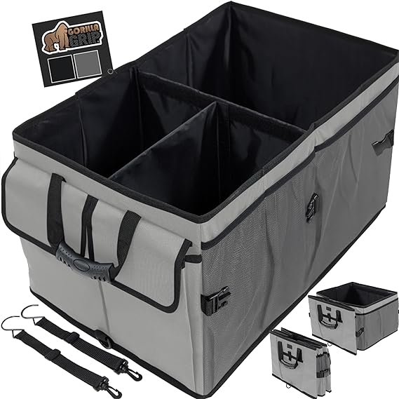 Gorilla Grip Car Trunk Storage Organizer, Multiple Compartments Travel Accessory, Removable Base Panel, Compartment Dividers, Easy To Secure Cargo Hooks and Non Skid Feet, Gray