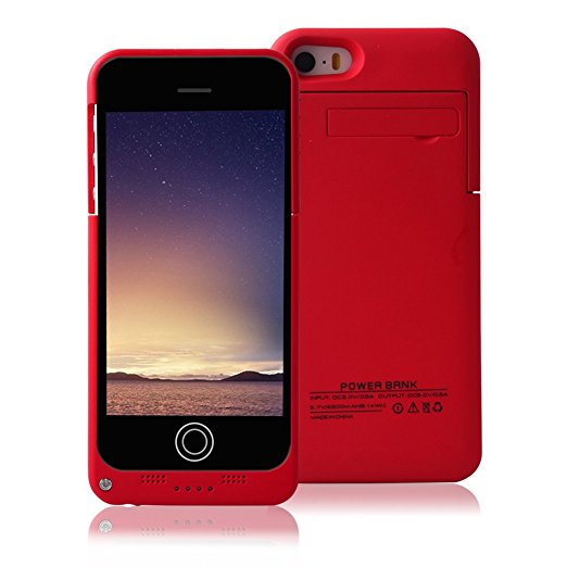 For iPhone 5 Charger Case, BSWHW 2200mAh Portable Battery Case with Pop-out Kickstand Extended Battery Pack Rechargeable Power Protection case Backup Juice Bank, Red
