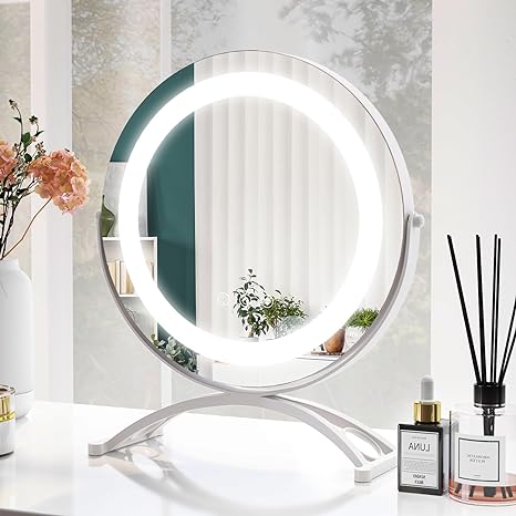 COSTWAY Hollywood Vanity Mirror with Lights, 3-Color Dimmable LED Lighted Tabletop Makeup Mirror with 360° Rotation, Smart Control Touch and Memory Function, Round Dressing Table Mirror, 300mm Diam