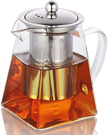 Square Glass Teapot for One with Heat Resistant Stainless Steel Infuser Perfect for Tea and Coffee,Clear Leaf Teapot with Strainer Lid Gift for Your Family or Friends (32OZ)