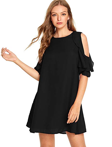 Romwe Women's Short Sleeve Ruffle Cold Shoulder Loose Casual Chiffon Dress