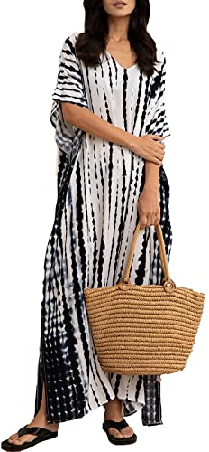 Bsubseach Women Print Beach Kaftan Dress Short Sleeve Plus Size Bathing Suit Cover Ups