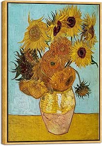 Wieco Art Framed Wall Art of Sunflower by Vincent Van Gogh Paintings Reproduction Abstract Canvas Prints for Home Living Room Decorations Bronze Gold Frame