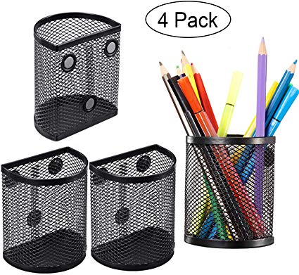 Magnetic Pencil Holder, Mesh Storage Baskets with Magnets to Hold Whiteboard, Locker Accessories, Black (4)