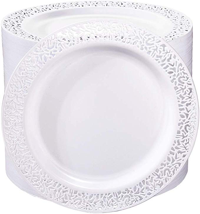 I00000 102Pcs Plastic Dessert Plates with Lace Design, 7.5inch White Disposable Salad Plates, Appetizer Plates for Wedding, Parties