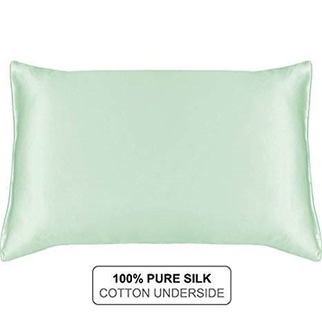 MYK - Natural Collection 19 Momme 100% Softest Silk Pillowcase with Cotton Underside For Hair and Facial - Fully Zippered Pillow Cover - Queen Size 20 x 30 Inches, Green