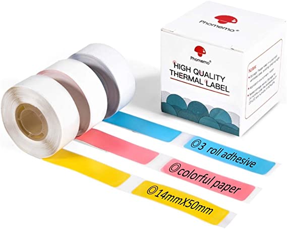 Phomemo D30 Adhesive Color Label Paper 1/2" X 1 7/8" (14mm X 50mm) 130 Labels/Roll, Black on Pink, Bule,Yellow, 3 Roll