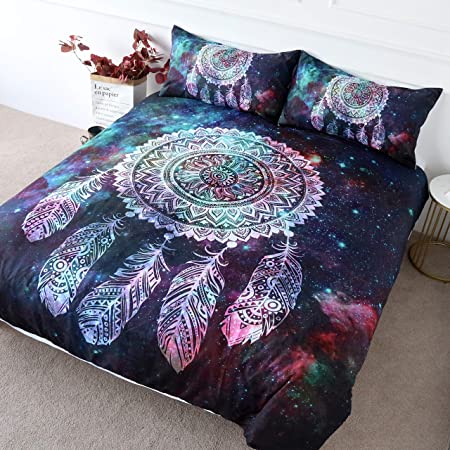 BlessLiving Galaxy Dream Catcher Bedding Comforter Cover Set 3 Piece Purple Pink Outer Space Bedding Sets Duvet Cover Boho Mandala Hippie Bedspread for Boys Men and Women (Twin)