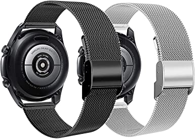 2 Pack Mesh Bands Compatible with Galaxy Watch 3 45mm and Galaxy Watch 46mm, Breathable and Durable Stainless Steel Metal Strap with Quick Release for Samsung Smart Watch