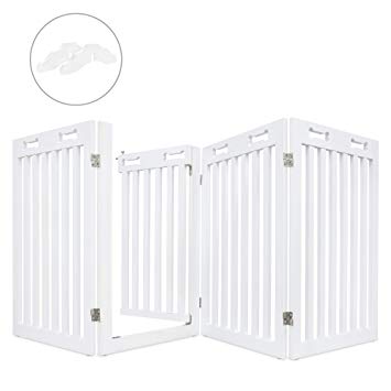 Arf Pets Freestanding Dog Gate with Walk Through Door, 4 Pannel, Expands Up to 80" Wide, 31.5" High - Bonus Set of Foot Supporters Included - White