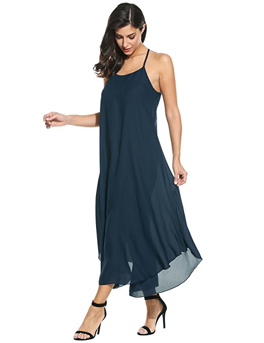 cindere Women Halter Spaghetti Strap Sundress Sleeveless Solid Party Beach Slip Chiffon Long Maxi Dress