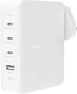 Belkin 140W 4-Port GaN Wall Charger, Multi-Port Travel Plug w/ USB-C Power Delivery Fast Charge & USB-A Port phone charger for iPhone, Samsung Galaxy, Google Pixel, iPad, MacBook, laptop, tablet, more