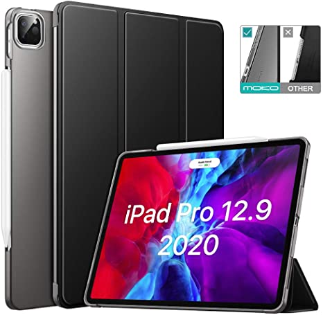 MoKo Case Fit iPad Pro 12.9 2020 4th Generation - Translucent Frosted Back Protector Smart Shell Stand Cover with Apple Pencil's Magnetic Attachment Side Opening - Black(Auto Wake/Sleep)