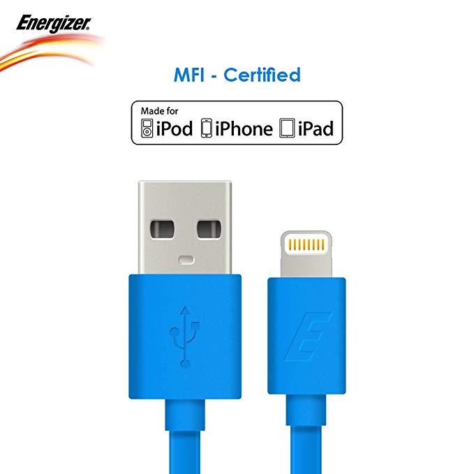 Energizer Apple Certified (MFI) 1.2 Meter Long PVC Flat Lightning Cable(2 Year REPLACMENT Warranty) for iPhone,iPad & iPod, Fast Charging Up to 2.4 Amp (Blue)