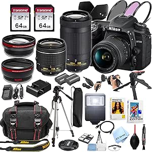 Nikon D7500 DSLR Camera Kit with 18-55mm VR & 70-300mm Lenses   128GB Memory, Spare Battery, Filters,Case, Tripod, Flash, and More (44pc Bundle) (Renewed)