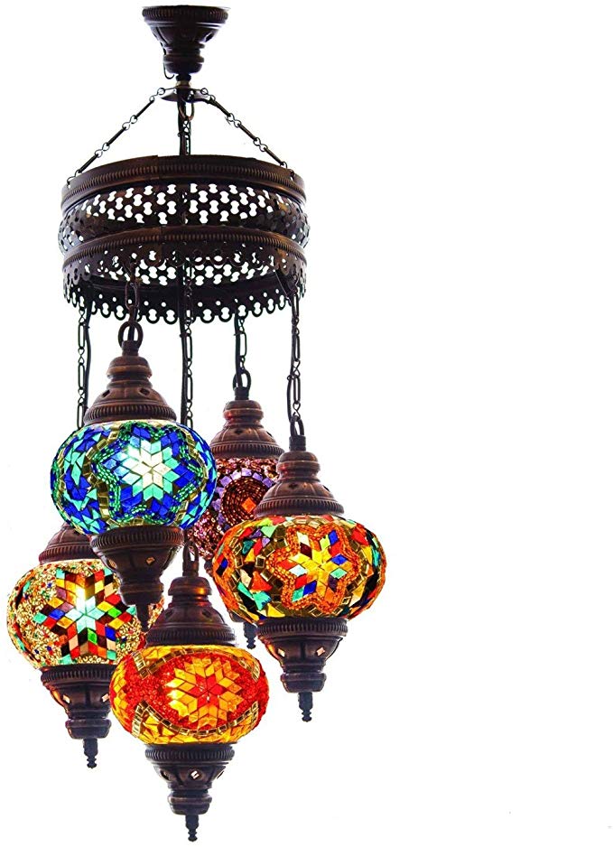 Turkish Authentic 5 Globe Mosaic Chandelier Mosaic Lamp Moroccan Lantern