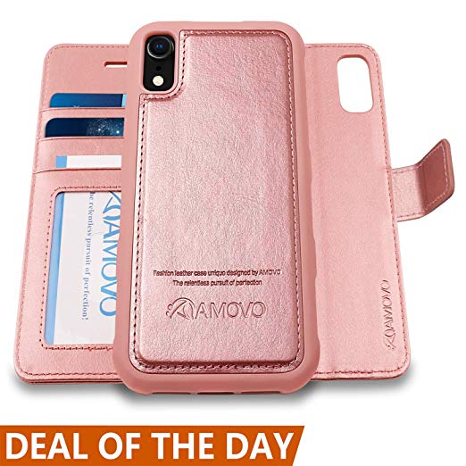 AMOVO Case for iPhone XR [2 in 1] iPhone XR Wallet Case [Detachable Folio] [Vegan Leather] [Card Slot] [Kickstand] iPhone XR (6.1’’) Flip Case Cover with Gift Box Package (iPhone XR (6.1'') Rosegold)