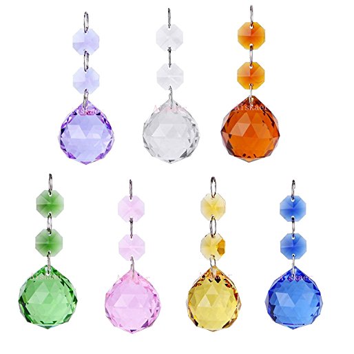 Aiskaer 1.2 Inch 7Pcs Colorful Crystal Ornament Ball Drop Suncatcher Window Prisms,Chandelier Decor Hanging Prism Ornaments,Feng Shui Faceted Ball,golden Yellow,green,blue,purple,pink,dark Brown,clear