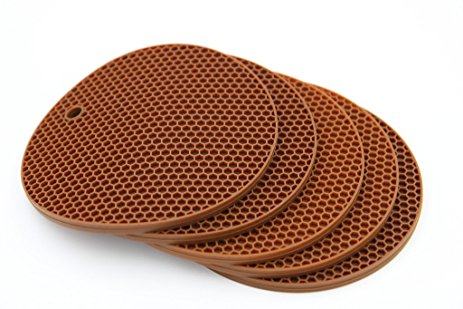Taousa 70192 5-pack Round Silicone Pot Holder Trivet Mat Coaster Placemat Hot Pad, Non-slip Flexible Durable Heat-resistant Insulated Suspensible, 7.1in Dia, 3in Thick, Color Brown