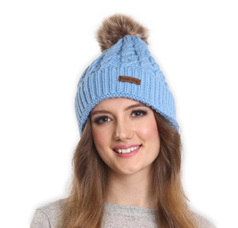 Faux Fur Pom Pom Beanie by Brook   Bay - Stay Warm & Stylish this Winter - Thick, Soft & Chunky Cable Knit Beanie Hats for Women & Men - Serious Beanies for Serious Style