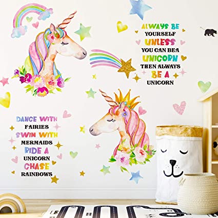 3 Sheets Unicorn Wall Decor, Removable Unicorn Rainbow Wall Decal Stickers for Girls Kids Bedroom Nursery Birthday Party Favor