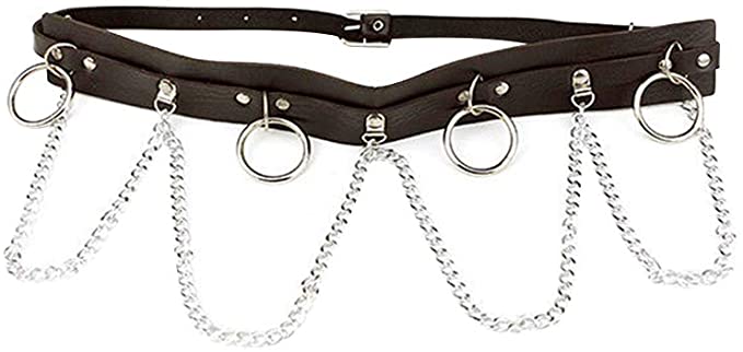 Yodensity Women Punk Faux Leather Waist Belt Adjustable Harness Body Cage with Metal Rings & Chains Decorated Costume Street Dance Street Snap Roleplay