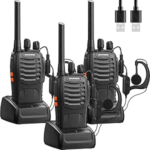 Baofeng Talkie Walkie Radios Professionnelle Longue Portée 16 Canaux Rechargeable Two-Way Radio,avec oreillette, USB Chargeur, Batterie（3 Pièces）