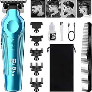 KEMEI 264 Hair Clippers for Men Professional, Cordless T Blade Zero Gap Trimmer, Electric Barber Trimmer, Rechargeable Clippers for Men Haircut, Mens Beard Trimmer with LED Display (Blue)