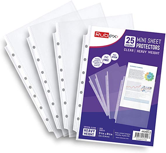 25 Mini Heavyweight Sheet Protectors, Top Loading, Reinforced 7-Hole 5.5 x 8.5 Inch Page Protectors for Mini Ring Binders, Acid-Free, Archival Safe for Documents and Photos, Pack of 25
