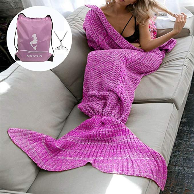 MOSTON Knitting Pattern Mermaid Tail Blanket, Soft and Warm Mermaid Tails Sleeping Bag Air Conditioning Blanket Slumber Bag Cute Mermaid Gift 180X90cm (70.8X35.4 inch) (Purple Pink-Adult)