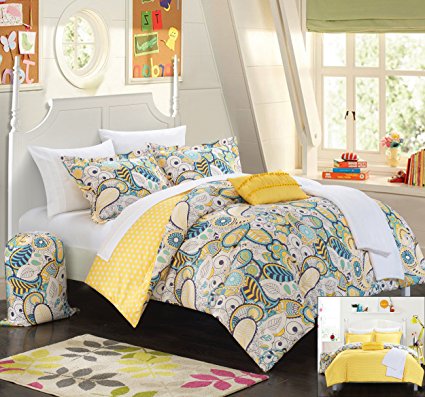 Chic Home 10 Piece Princess Paisley and Polka Dot Printed Reversible Comforter with Sheet Set, Full, Yellow