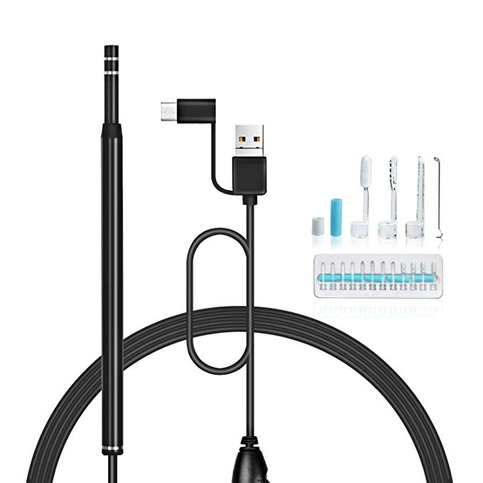 Kupton Ear Endoscope, 3 in 1 Borescope Inspection Camera Ear Wax Remover Cleansing Tool with 6 Adjustable LED Lights for Micro USB/Type-C/USB PC -Black (Not for iPhone)