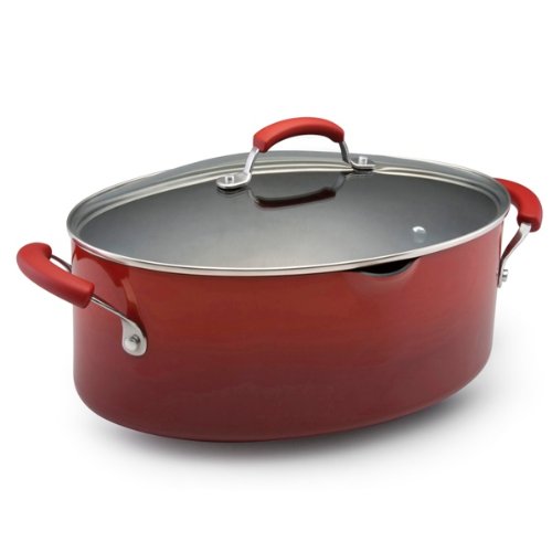 Rachael Ray Porcelain Enamel II Nonstick 8-Quart Covered Oval Pasta Pot with Pour Spout, Red Gradient