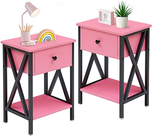 VECELO Night Stands for Bedroom Nightstand Bedside End Tables with Drawer Storage, Pink/Set of 2