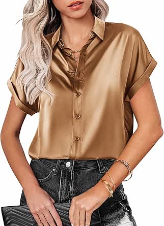 Zeagoo Silk Blouse for Women Short Sleeve Satin Button Down Shirts Casual Loose V-Neck Business Work Tunic Top