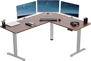 VIVO Electric Height Adjustable 63 x 55 inch Corner Stand Up Desk, Dark Walnut Table Top, Gray Frame, L-Shaped Standing Workstation, 3CT Series, DESK-E3CTGD