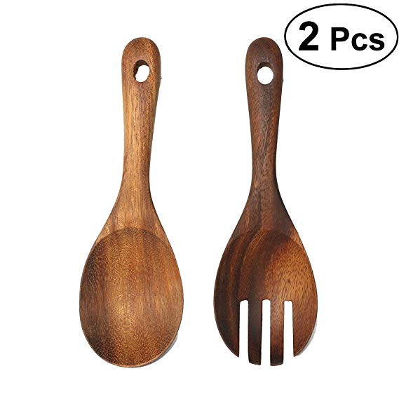 BESTONZON 2PCS Kitchen Wooden Spoon and Fork Set Salad Serving Spoons Fork Spoon Cutlery Set