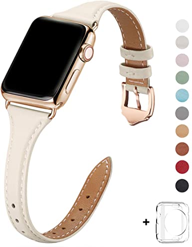 WFEAGL Leather Bands Compatible with Apple Watch 38mm 40mm 42mm 44mm, Top Grain Leather Band Slim & Thin Wristband for iWatch Series 5 & Series 4/3/2/1 (IvoryWhite Band  Gold Adapter, 38mm 40mm)