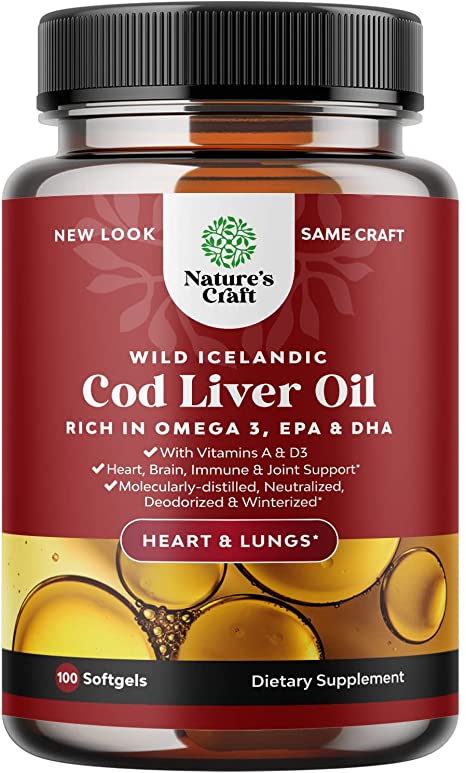 Icelandic Cod Liver Oil Softgels - Wild Caught EPA DHA Omega 3 Fish Oil 1000mg - Sustainably Sourced Burpless Fish Oil Supplement with Vitamin D3 and A for Heart Joint Brain and Immune Support