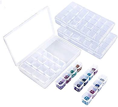 Diamond Embroidery Box, FOME 3 Pack Clear Diamond Painting Storage Box Containers Each with 28 Mini Compartments Grids Mosaic Kits Accessories Storage Box and Cross Stitch Tools for DIY Art Craft