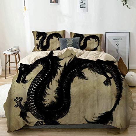 Mokale Duvet Cover Queen,The Black Ink and Wash Chinese Dragon Stately and Divine,100% Washed Microfiber 3pcs Bedding Set with 2 Pillow Shams,Reversible Beige,Zipper Closure & Corner Ties