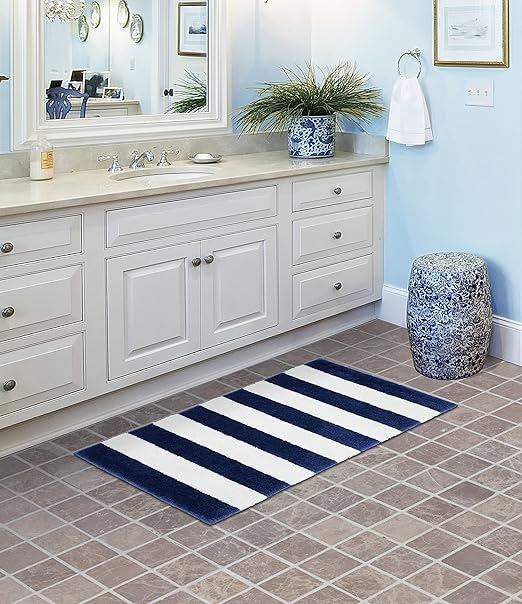 Garland Rug Beach Stripe Washable Bath Rug, 21 in. x 34 in., Indigo Blue/White