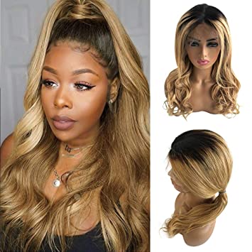 Pre Plucked Natural Wave Ombre Blonde Lace Front Wigs Dark Roots to Strawberry Blonde Highlights Human Hair Wigs 1B27 Colored 13x6 Lace Wig Free Part for Black Women Bleached Knots 14" 150 Density