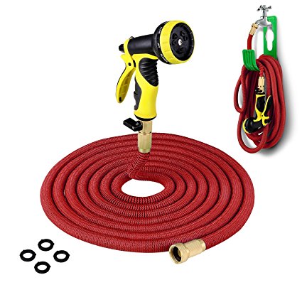 PLUSINNO Expandable Garden Water Hose FULL SET, Heavy Duty Expanding Hose Pipe with Shut Off Valve Solid Brass Connector, Hose Hanger and 9-pattern Spray Nozzle (75 Feet, Red)