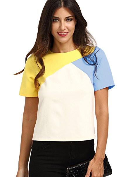 ROMWE Womens Color Block Short Sleeve Back Zipper T-shirt Top Blouse