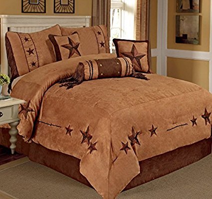 Embroidery Printed Texas Star Western Star Luxury Comforter Suede - 7 Pieces Set (Camel Brown, Oversize King)