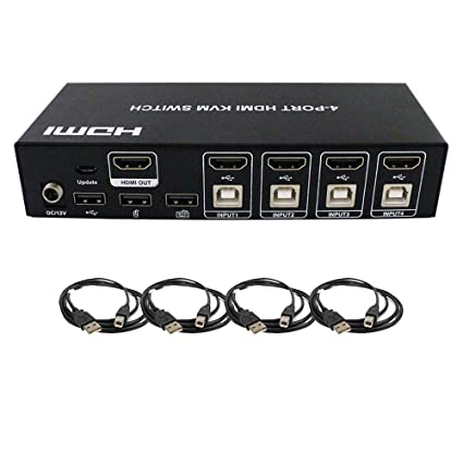 LINOVISION 4 Port KVM Switch HDMI Support 4K@30Hz with USB2.0 Hub 4 in 1 Out, Using one Set of HDMI Monitor, Keyboard and Mouse to Control 4 PC/DVR/NVR/PS3/PS4 Players
