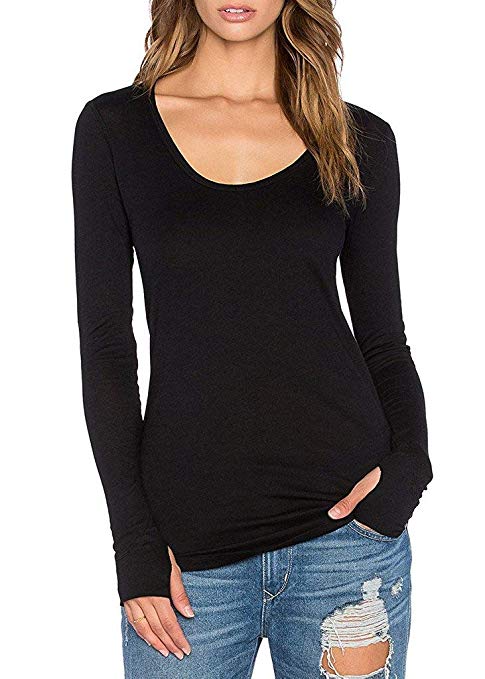 Ssyiz Women's Workout Yoga Long Sleeve Tee Loose Plain Scoop Neck Long T-Shirts with Thumb Holes