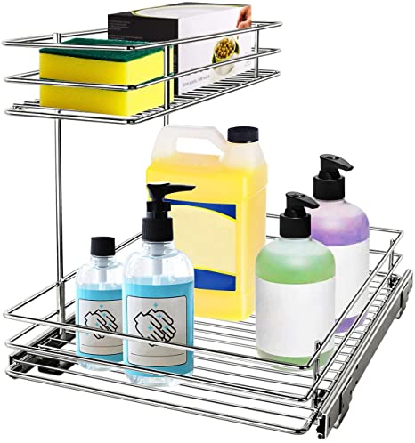 G-TING Pull Out Cabinet Organizer, Under Sink Sliding Shelf with 2 Tier Sliding Wire Drawer - 11.33W x 16.53D x 13.23H - Request at Least 12 inch Cabinet Opening